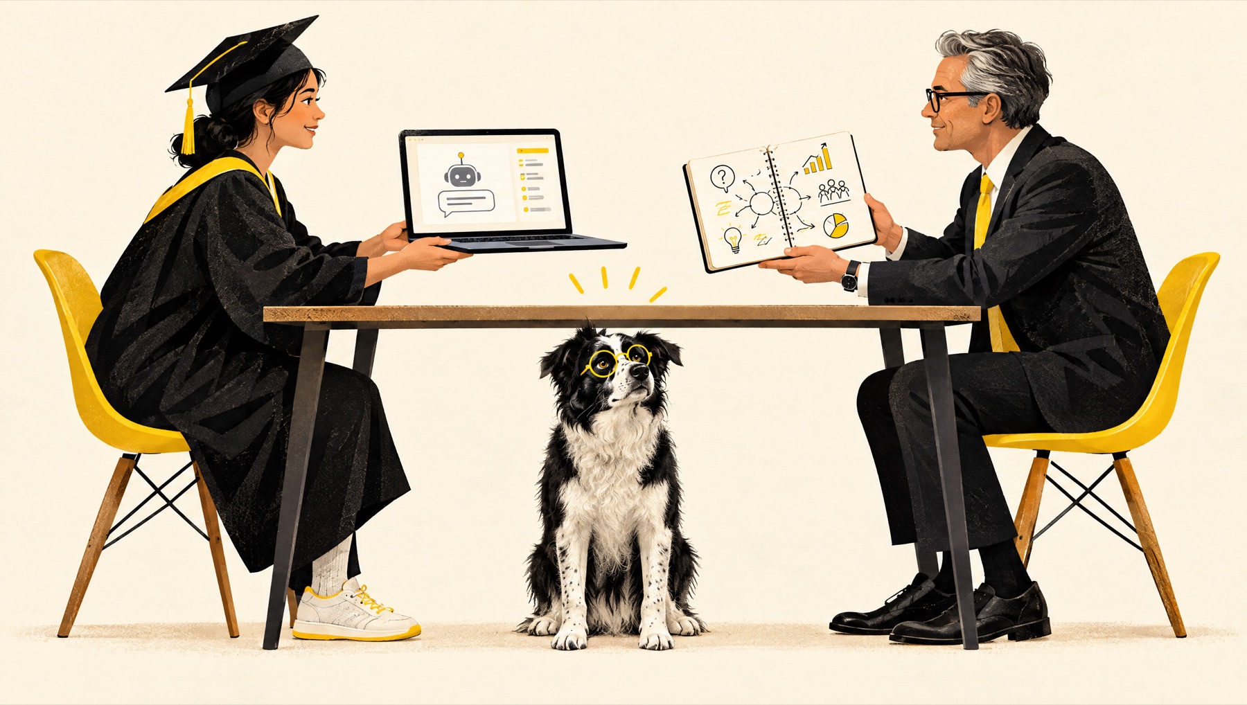 A graduate and a senior leader trading a laptop and a notebook across a table, with Clive sitting underneath