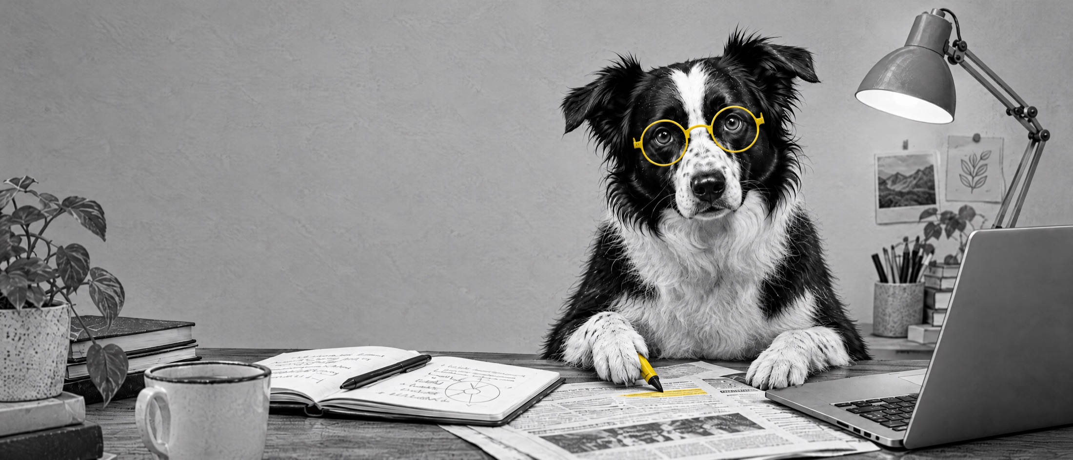 Clive at a desk in yellow glasses, reading a newspaper with a notebook and laptop, in black and white