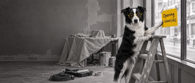 Clive, a border collie in yellow glasses, pinning an &lsquo;Opening soon(ish).&rsquo; sign to a shop window, in black and white