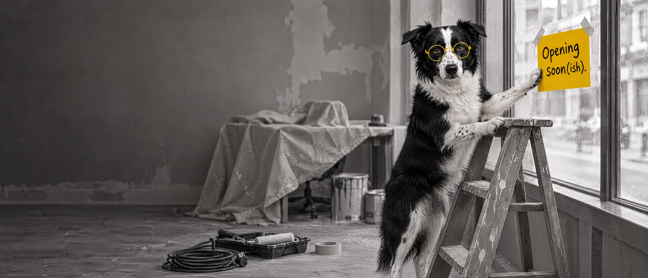 Clive, a border collie in yellow glasses, pinning an &lsquo;Opening soon(ish).&rsquo; sign to a shop window, in black and white