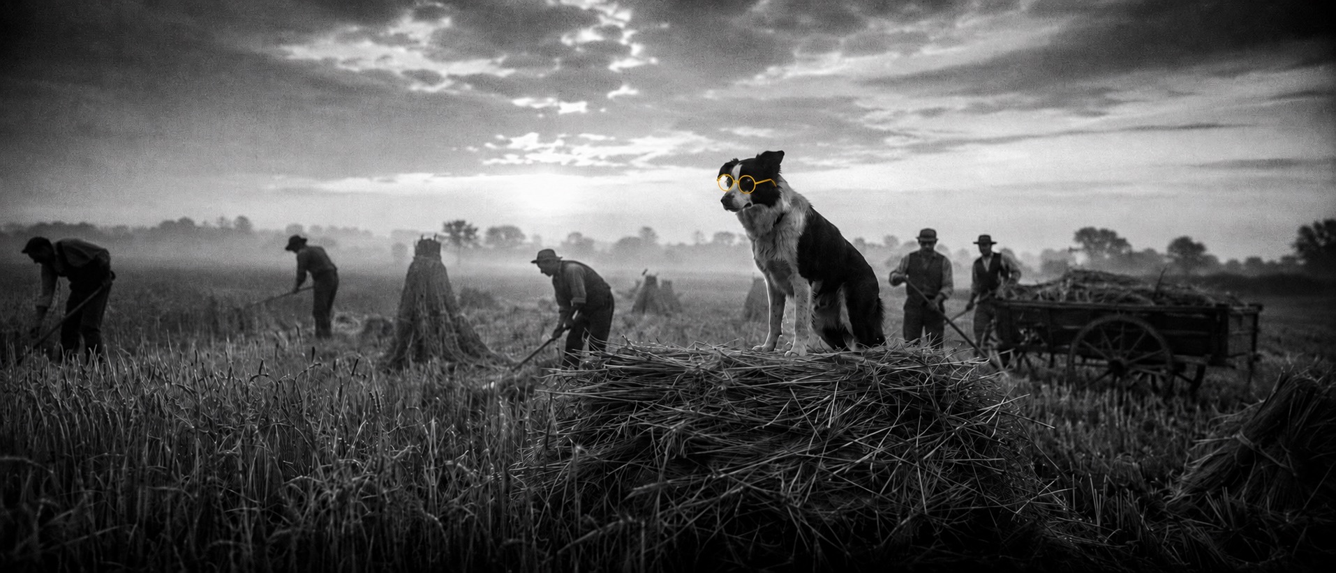 Field workers at dawn with a border collie on a hay bale