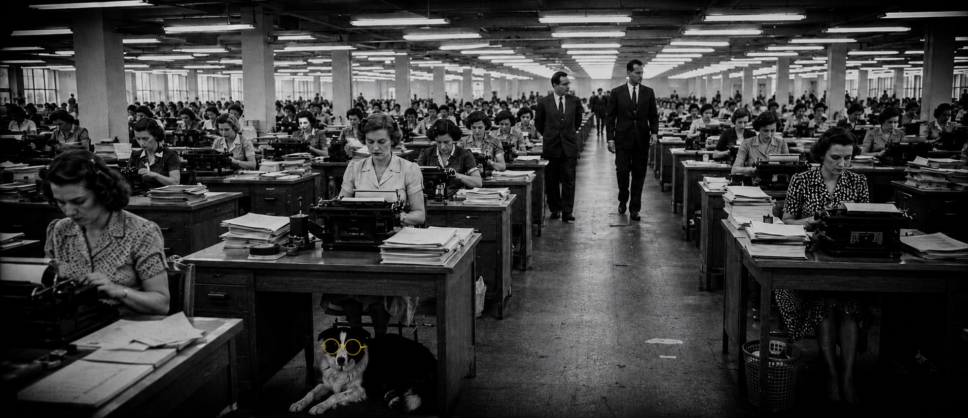 A typing pool of clerks with a border collie in yellow glasses beneath a desk