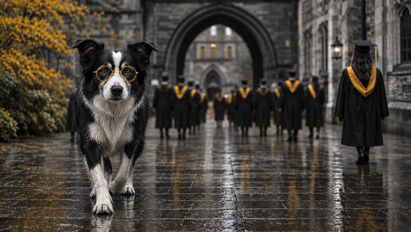 A border collie in yellow glasses walking towards the camera, graduates in gowns heading through a university archway behind