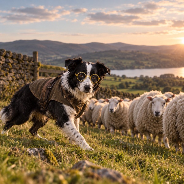 Clive, a border collie in yellow glasses and a waxed jacket, herding sheep at sunset