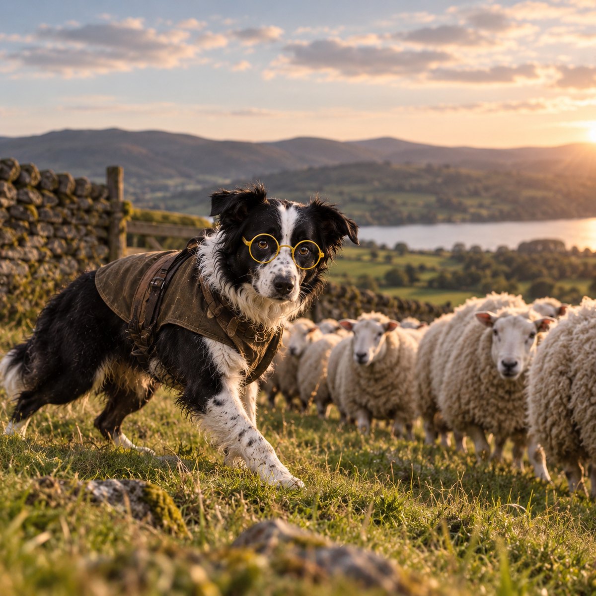 Clive, a border collie in yellow glasses and a waxed jacket, herding sheep at sunset