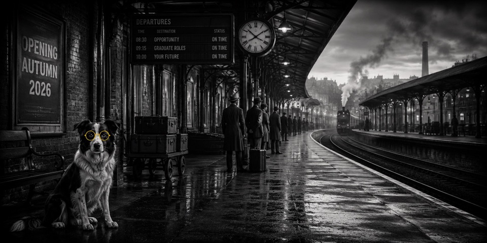 A rain-slick Victorian station platform. The departures board reads Opportunity, Graduate Roles, Your Future, all on time, and a border collie in yellow glasses sits beneath a poster saying Opening Autumn 2026.