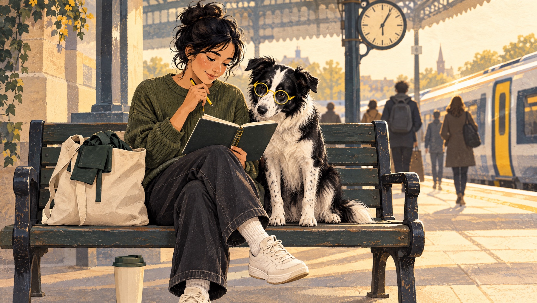 Clive, in his round yellow glasses, sits on a station bench beside a student reading a notebook as a train waits nearby.