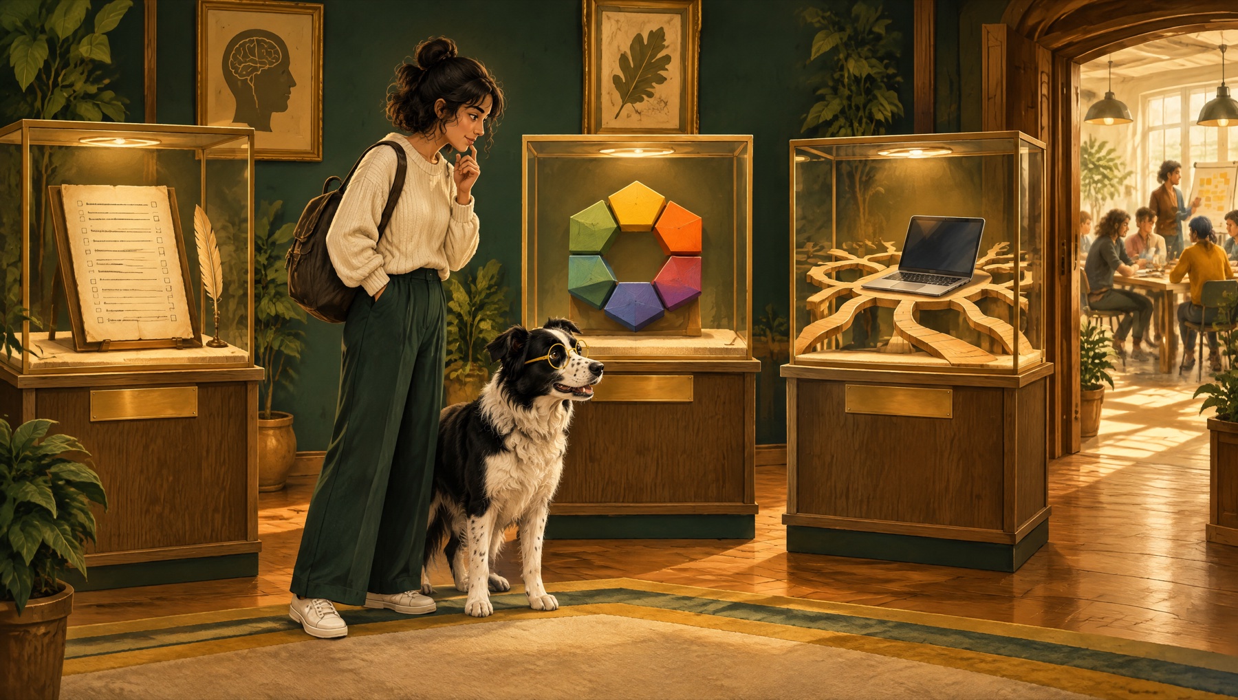 A graduate and Clive explore a museum of career psychology, with displays of a paper questionnaire, colourful interest blocks and a laptop beside an open doorway to a busy workplace.